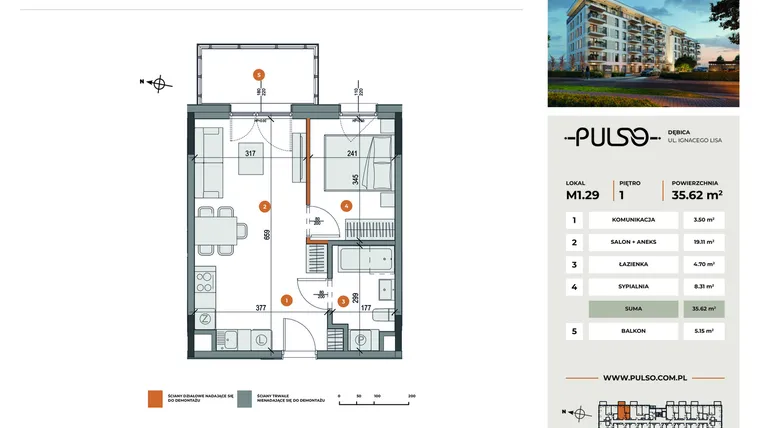 Rzut - Mieszkanie na sprzedaż 2 pokoje o powierzchni 35,62 m² - numer M1.29 w Pulso