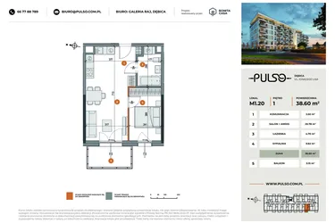 Rzut - Mieszkanie na sprzedaż 2 pokoje o powierzchni 38,6 m² - numer M1.20 w Pulso