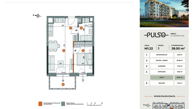 Rzut - Mieszkanie na sprzedaż 2 pokoje o powierzchni 38,5 m² - numer M1.22 w Pulso