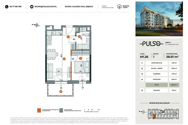 Rzut - Mieszkanie na sprzedaż 2 pokoje o powierzchni 38,01 m² - numer M1.26 w Pulso