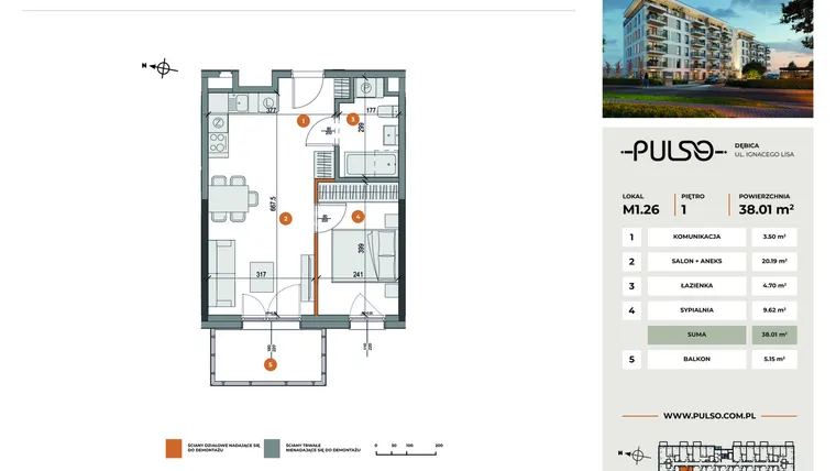 Rzut - Mieszkanie na sprzedaż 2 pokoje o powierzchni 38,01 m² - numer M1.26 w Pulso
