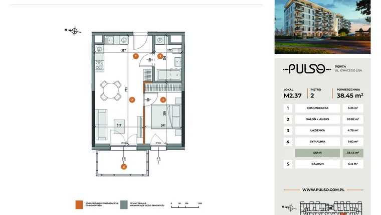 Rzut - Mieszkanie na sprzedaż 2 pokoje o powierzchni 38,45 m² - numer M2.37 w Pulso