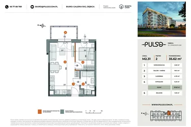 Rzut - Mieszkanie na sprzedaż 2 pokoje o powierzchni 35,62 m² - numer M2.31 w Pulso