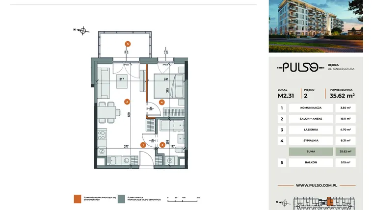 Rzut - Mieszkanie na sprzedaż 2 pokoje o powierzchni 35,62 m² - numer M2.31 w Pulso