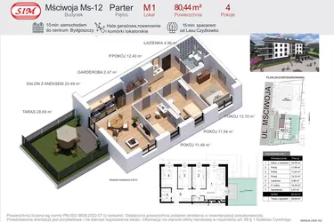 Rzut - Mieszkanie na sprzedaż 4 pokoje o powierzchni 80,44 m² - numer 1 w Mściwoja MS-12