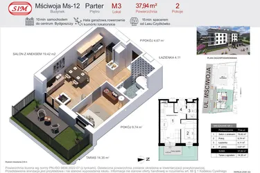 Rzut - Mieszkanie na sprzedaż 2 pokoje o powierzchni 37,94 m² - numer 3 w Mściwoja MS-12