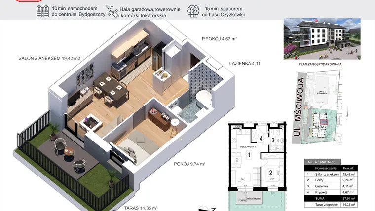 Rzut - Mieszkanie na sprzedaż 2 pokoje o powierzchni 37,94 m² - numer 3 w Mściwoja MS-12