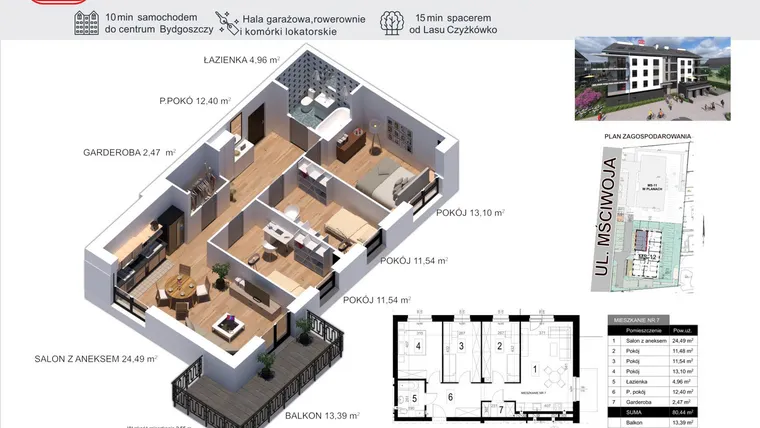 Rzut - Mieszkanie na sprzedaż 4 pokoje o powierzchni 80,44 m² - numer 7 w Mściwoja MS-12