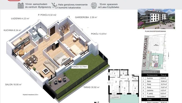 Rzut - Mieszkanie na sprzedaż 3 pokoje o powierzchni 68,19 m² - numer 5 w Mściwoja MS-12
