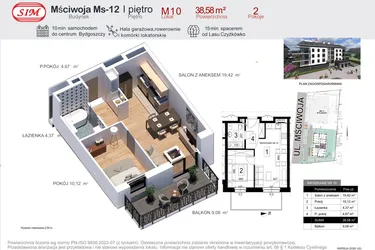 Rzut - Mieszkanie na sprzedaż 2 pokoje o powierzchni 38,58 m² - numer 10 w Mściwoja MS-12