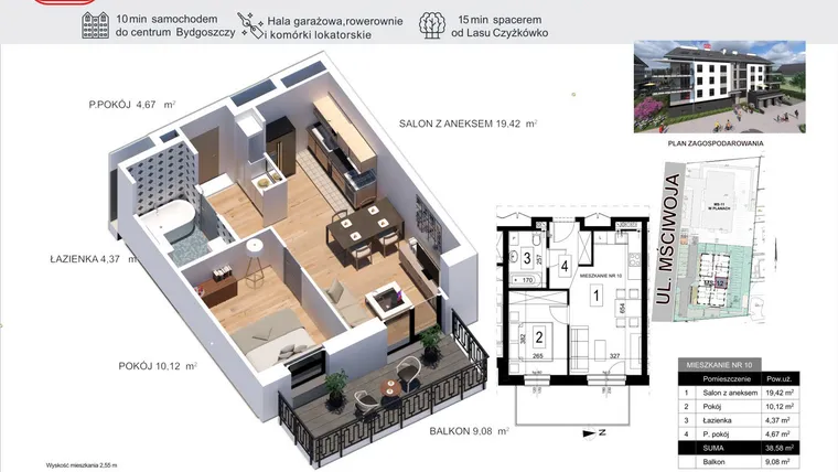 Rzut - Mieszkanie na sprzedaż 2 pokoje o powierzchni 38,58 m² - numer 10 w Mściwoja MS-12