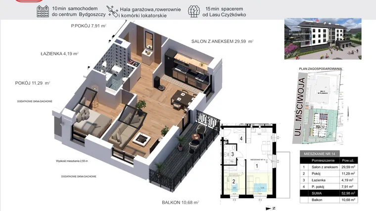 Rzut - Mieszkanie na sprzedaż 2 pokoje o powierzchni 52,98 m² - numer 14 w Mściwoja MS-12