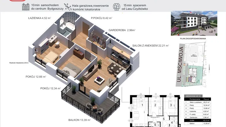 Rzut - Mieszkanie na sprzedaż 3 pokoje o powierzchni 63,11 m² - numer 18 w Mściwoja MS-12