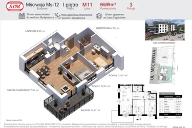 Rzut - Mieszkanie na sprzedaż 3 pokoje o powierzchni 68,69 m² - numer 11 w Mściwoja MS-12