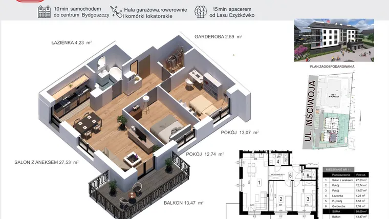 Rzut - Mieszkanie na sprzedaż 3 pokoje o powierzchni 68,69 m² - numer 11 w Mściwoja MS-12