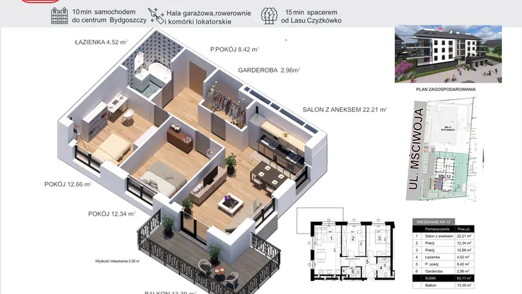 Rzut - Mieszkanie na sprzedaż 3 pokoje o powierzchni 63,11 m² - numer 12 w Mściwoja MS-12