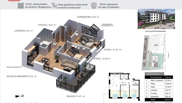 Rzut - Mieszkanie na sprzedaż 3 pokoje o powierzchni 68,4 m² - numer 17 w Mściwoja MS-12