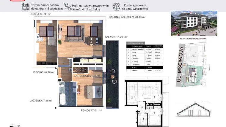 Rzut - Mieszkanie na sprzedaż 3 pokoje o powierzchni 74,93 m² - numer 19 w Mściwoja MS-12