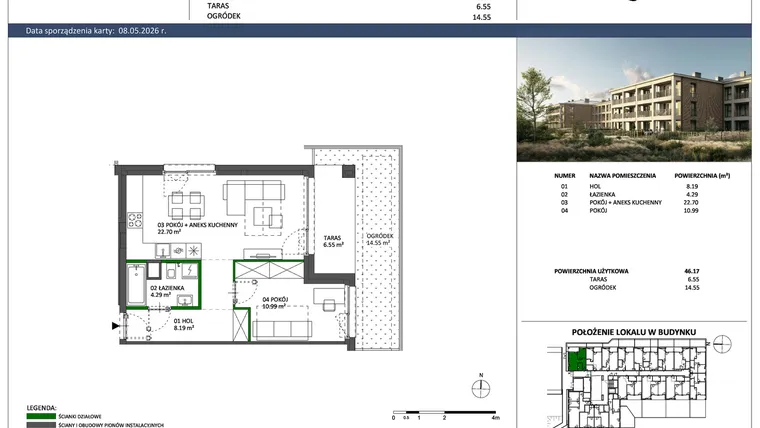 Rzut - Mieszkanie na sprzedaż 2 pokoje o powierzchni 46,17 m² - numer C-01 w Hillence etap 3