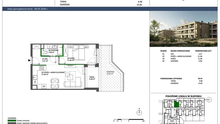 Rzut - Mieszkanie na sprzedaż 2 pokoje o powierzchni 43,41 m² - numer C-03 w Hillence etap 3