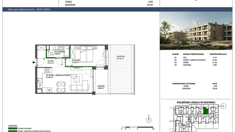 Rzut - Mieszkanie na sprzedaż 2 pokoje o powierzchni 43,41 m² - numer C-07 w Hillence etap 3