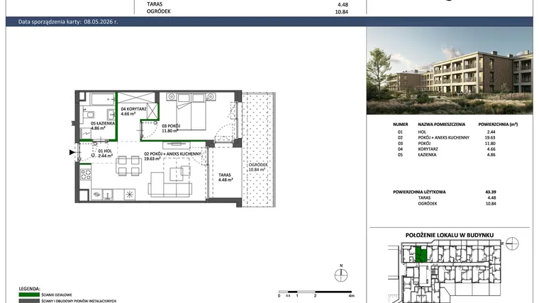Rzut - Mieszkanie na sprzedaż 2 pokoje o powierzchni 43,39 m² - numer C-02 w Hillence etap 3