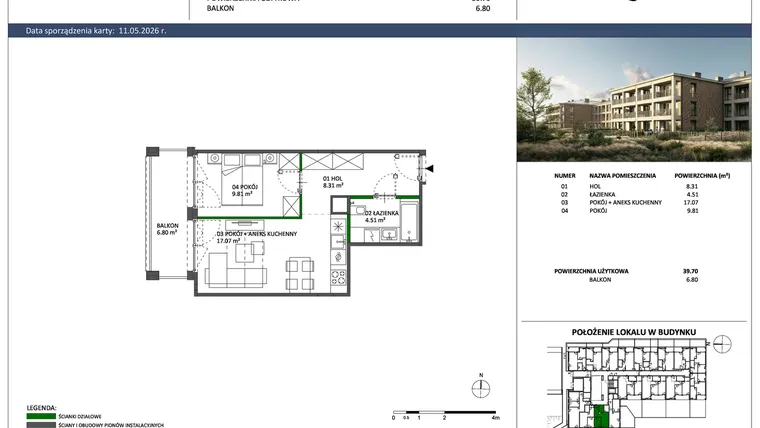 Rzut - Mieszkanie na sprzedaż 2 pokoje o powierzchni 39,7 m² - numer C-15 w Hillence etap 3