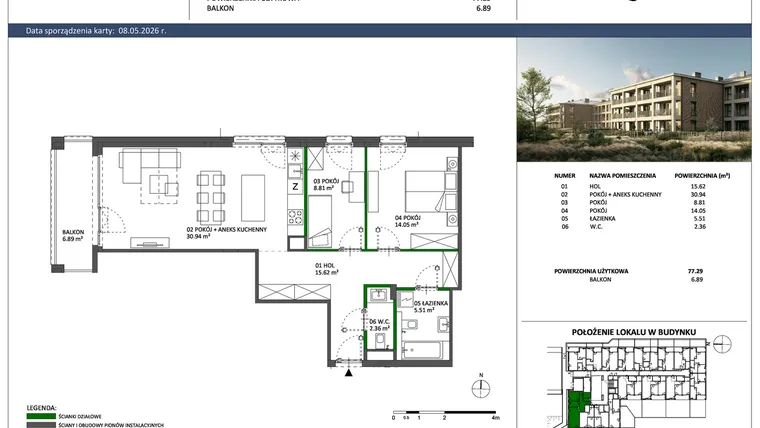 Rzut - Mieszkanie na sprzedaż 3 pokoje o powierzchni 77,29 m² - numer C-17 w Hillence etap 3