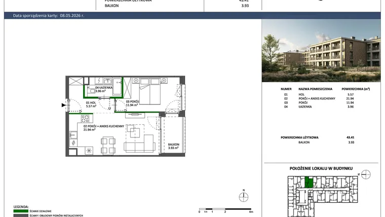Rzut - Mieszkanie na sprzedaż 2 pokoje o powierzchni 43,41 m² - numer C-20 w Hillence etap 3