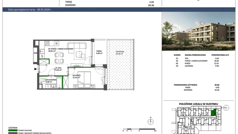 Rzut - Mieszkanie na sprzedaż 2 pokoje o powierzchni 40,8 m² - numer C-08 w Hillence etap 3