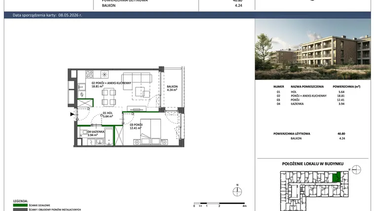 Rzut - Mieszkanie na sprzedaż 2 pokoje o powierzchni 40,8 m² - numer C-25 w Hillence etap 3