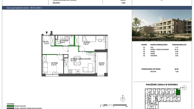 Rzut - Mieszkanie na sprzedaż 3 pokoje o powierzchni 46,93 m² - numer C-26 w Hillence etap 3