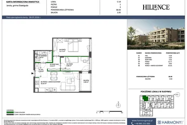 Rzut - Mieszkanie na sprzedaż 3 pokoje o powierzchni 58,4 m² - numer C-19 w Hillence etap 3