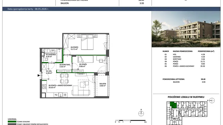 Rzut - Mieszkanie na sprzedaż 3 pokoje o powierzchni 58,4 m² - numer C-19 w Hillence etap 3