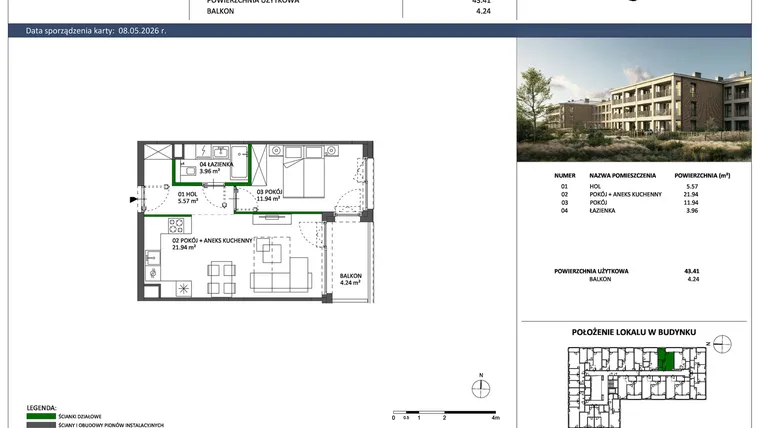 Rzut - Mieszkanie na sprzedaż 2 pokoje o powierzchni 43,41 m² - numer C-24 w Hillence etap 3