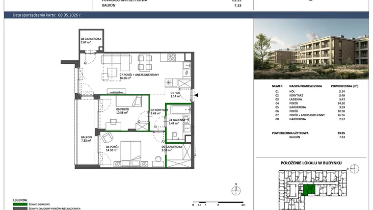 Rzut - Mieszkanie na sprzedaż 3 pokoje o powierzchni 69,95 m² - numer C-30 w Hillence etap 3