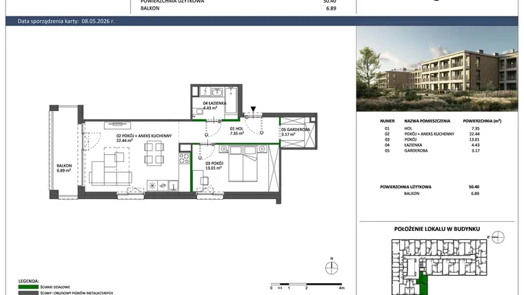 Rzut - Mieszkanie na sprzedaż 2 pokoje o powierzchni 50,4 m² - numer C-31 w Hillence etap 3