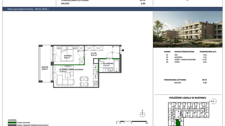 Rzut - Mieszkanie na sprzedaż 2 pokoje o powierzchni 39,7 m² - numer C-32 w Hillence etap 3