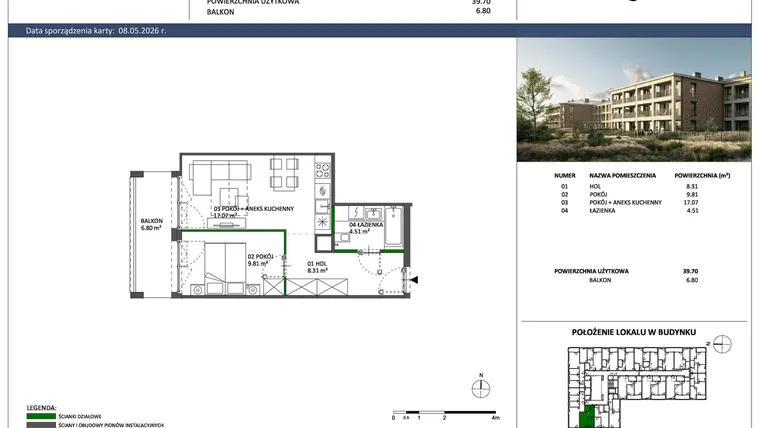 Rzut - Mieszkanie na sprzedaż 2 pokoje o powierzchni 39,7 m² - numer C-33 w Hillence etap 3
