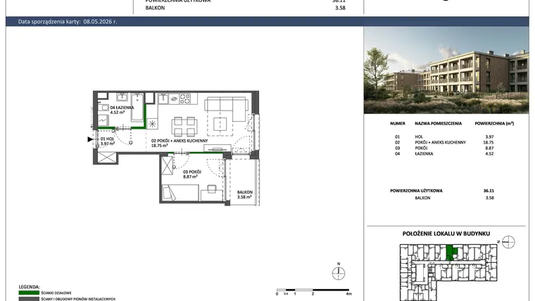 Rzut - Mieszkanie na sprzedaż 2 pokoje o powierzchni 36,11 m² - numer C-39 w Hillence etap 3