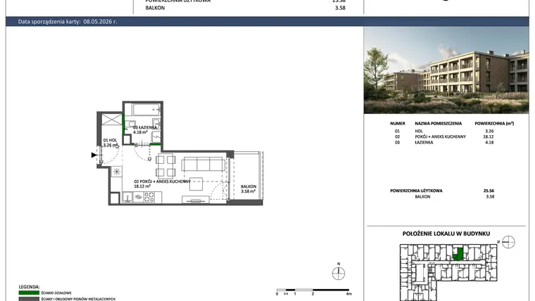 Rzut - Mieszkanie na sprzedaż 1 pokój o powierzchni 25,66 m² - numer C-40 w Hillence etap 3