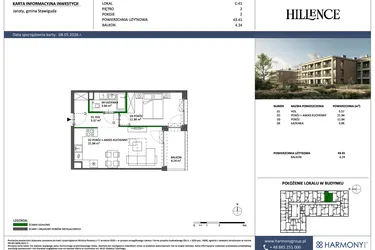 Rzut - Mieszkanie na sprzedaż 2 pokoje o powierzchni 43,41 m² - numer C-41 w Hillence etap 3