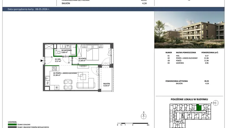 Rzut - Mieszkanie na sprzedaż 2 pokoje o powierzchni 43,41 m² - numer C-41 w Hillence etap 3