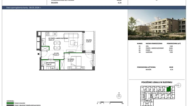 Rzut - Mieszkanie na sprzedaż 2 pokoje o powierzchni 40,8 m² - numer C-42 w Hillence etap 3