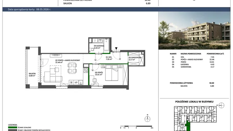Rzut - Mieszkanie na sprzedaż 2 pokoje o powierzchni 50,4 m² - numer C-48 w Hillence etap 3