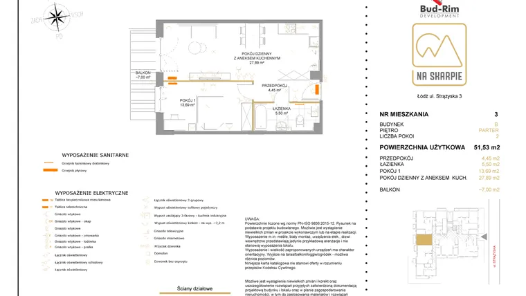 Rzut - Mieszkanie na sprzedaż 2 pokoje o powierzchni 51,53 m² - numer B3 w Na Skarpie bud. B