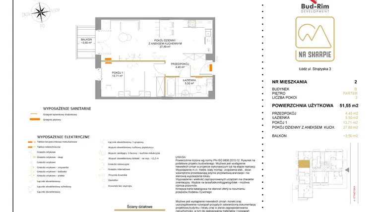 Rzut - Mieszkanie na sprzedaż 2 pokoje o powierzchni 51,55 m² - numer B2 w Na Skarpie bud. B