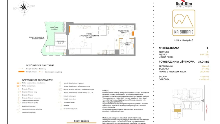 Rzut - Mieszkanie na sprzedaż 1 pokój o powierzchni 34,04 m² - numer B5 w Na Skarpie bud. B