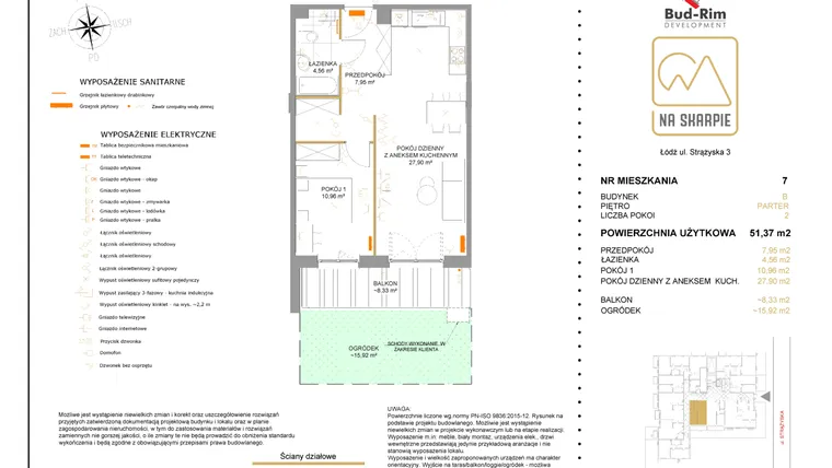Rzut - Mieszkanie na sprzedaż 2 pokoje o powierzchni 51,37 m² - numer B7 w Na Skarpie bud. B