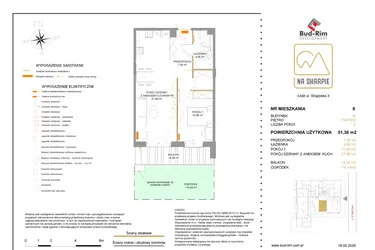 Rzut - Mieszkanie na sprzedaż 2 pokoje o powierzchni 51,36 m² - numer B8 w Na Skarpie bud. B